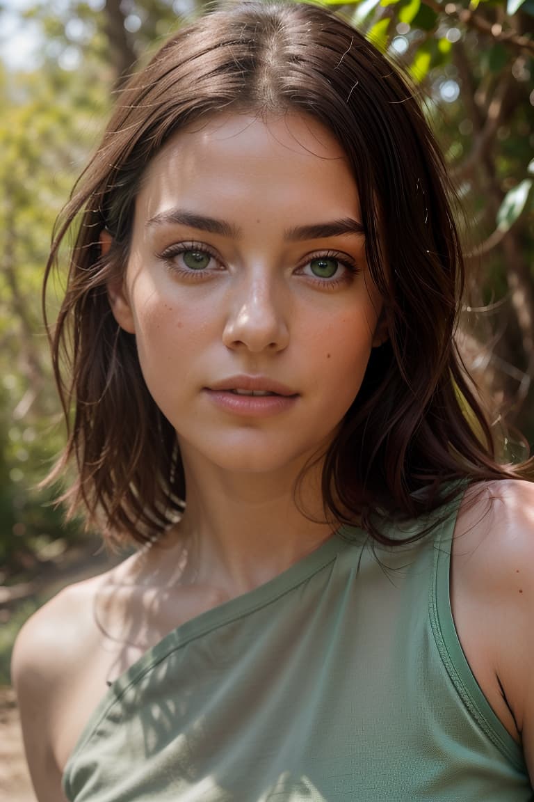  photo of a beautiful 2 woman with dark brown hair and green eyes showing her s and , s visible,,outdoors on a hiking trail,ly posing with a cute and top, masterpiece, best quality, (photorealistic:1.4), perfect lighting, (photorealism:1.4), beautiful, best quality, aesthetic, high quality, best quality, 4k, , perfect lighting, masterpiece, symmetric eyes