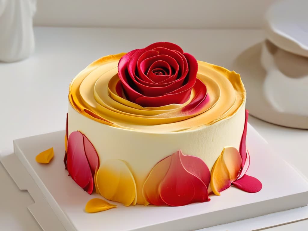  A closeup, ultradetailed image of a delicate fondant rose with intricate layers of edible metallic paint, showcasing a stunning gradient from vibrant magenta to shimmering gold, set against a pristine white background to highlight the innovative colors and textures of edible painting in the world of artistic pastry design. hyperrealistic, full body, detailed clothing, highly detailed, cinematic lighting, stunningly beautiful, intricate, sharp focus, f/1. 8, 85mm, (centered image composition), (professionally color graded), ((bright soft diffused light)), volumetric fog, trending on instagram, trending on tumblr, HDR 4K, 8K