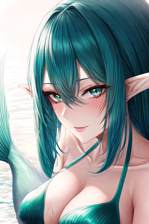  beautiful mature mermaid woman,pointy ears,oily skin,seductive gaze,teal hair,women, masterpiece, best quality, high quality, solo