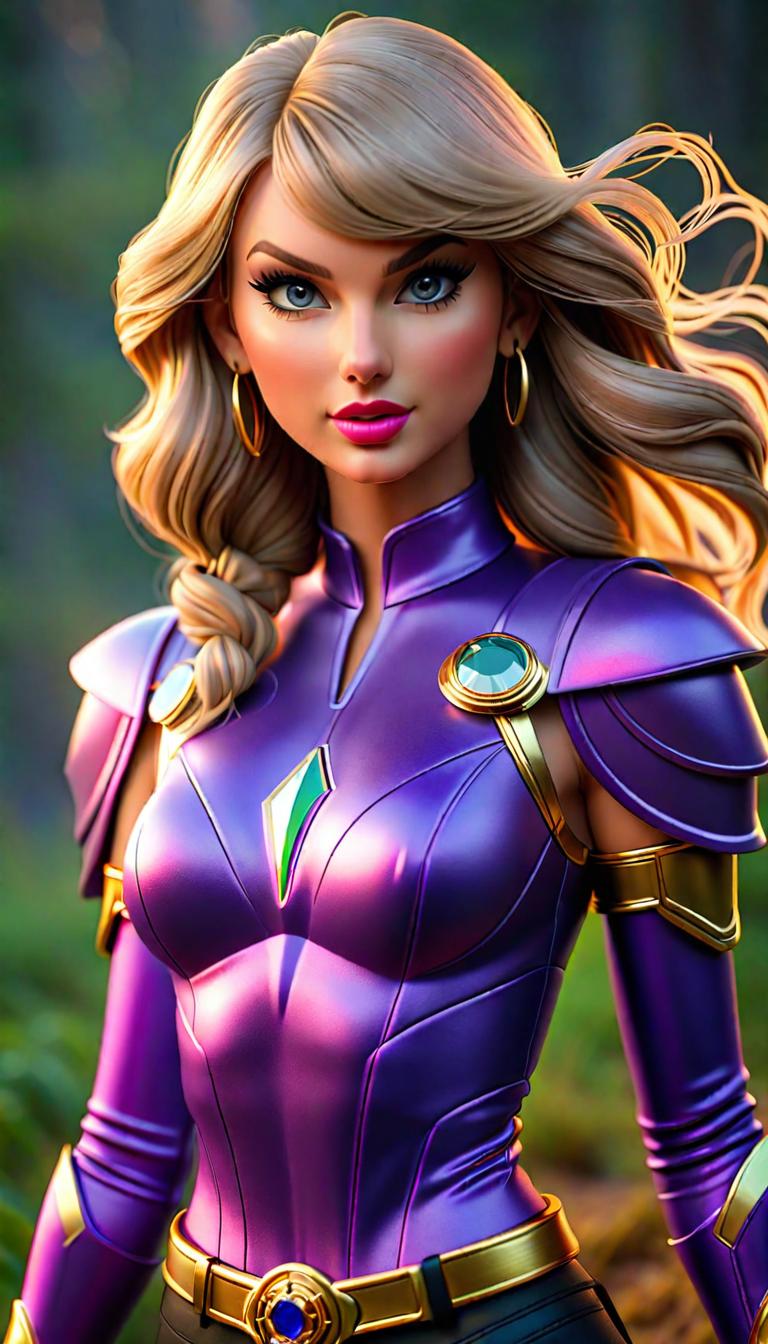  Professional 3D model of Taylor Swift as a Purple Power Ranger . Rendered with Octane, the model is highly detailed,dramatic lighting. hyperrealistic, full body, detailed clothing, highly detailed, cinematic lighting, stunningly beautiful, intricate, sharp focus, f/1. 8, 85mm, (centered image composition), (professionally color graded), ((bright soft diffused light)), volumetric fog, trending on instagram, trending on tumblr, HDR 4K, 8K