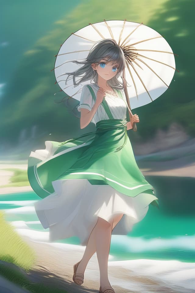  (綺麗なイラスト風)((Upper body only)) ilration style,beautiful ,masterpiece,beautiful hair,blue eyes,wearing summer dress,holding white parasol,walking on mountain,fresh green,mysterious emerald green lake,sandy beach,high quality,high resolution,8K,