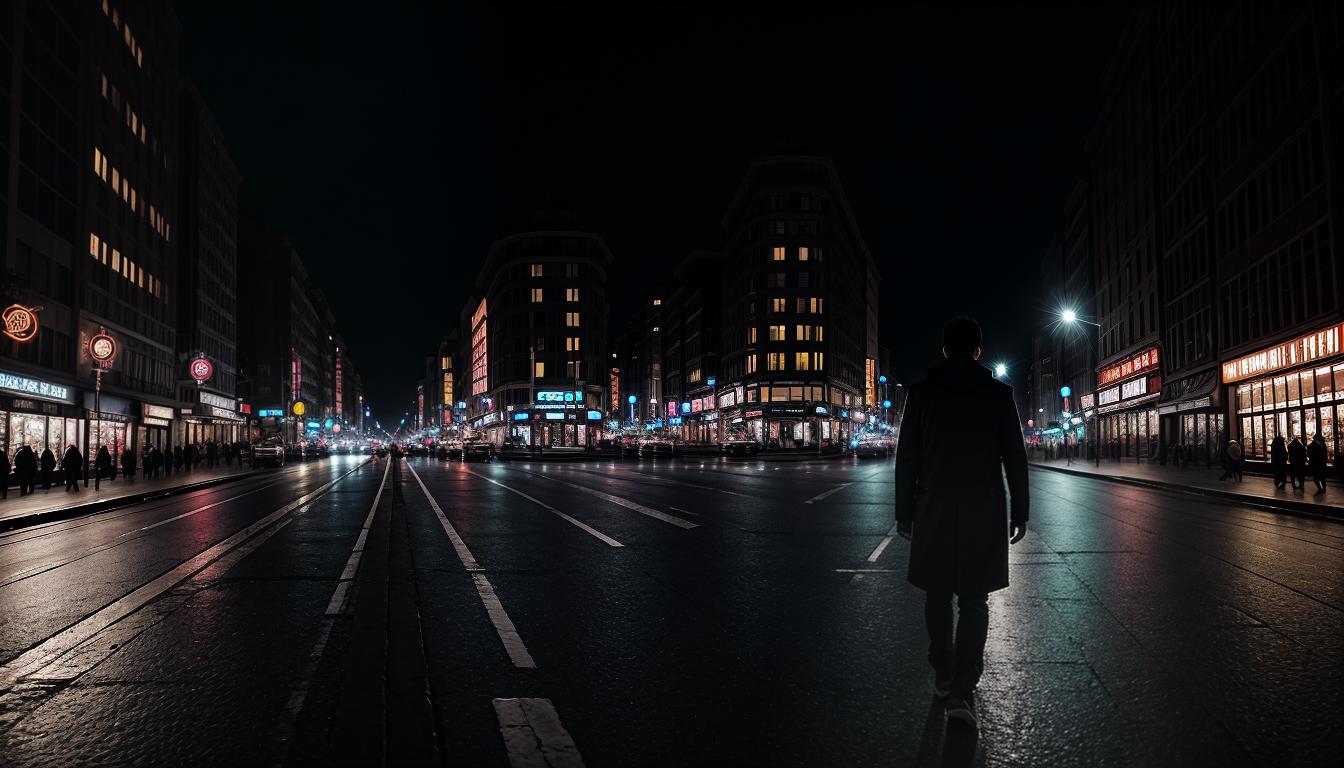  cinematic, aesthetic, A person walking along a busy city street, deep in thought, contrasted with the hustle of city life around them, personal journey, societal context, alignment, introspection, 4k, HDR, lens flare