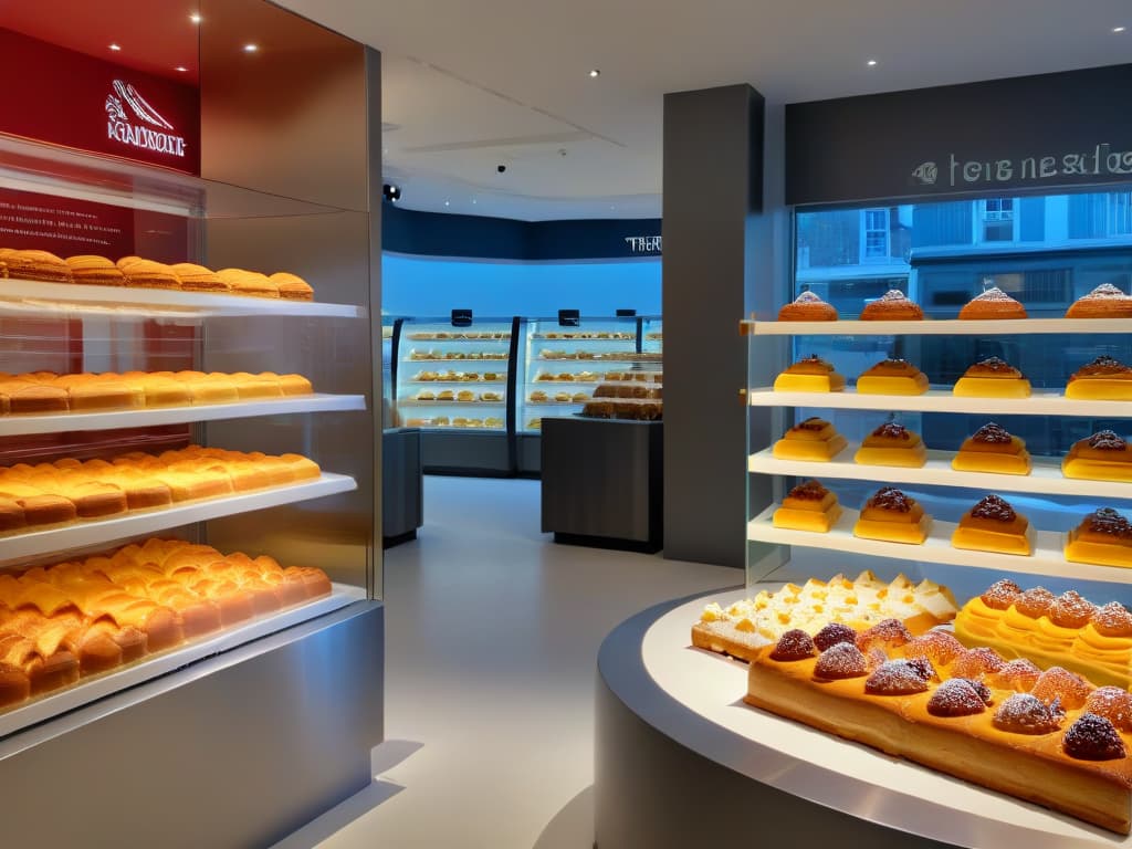  An ultradetailed, 8k resolution image of a sleek, modern French pastry shop interior designed with a minimalist aesthetic. The image showcases a display case filled with exquisite pastries crafted by Yann Couvreur, featuring intricate designs and vibrant colors that exude elegance and sophistication. The overall ambiance is serene and refined, with clean lines, muted tones, and soft lighting that highlights the artistry of the pastries. hyperrealistic, full body, detailed clothing, highly detailed, cinematic lighting, stunningly beautiful, intricate, sharp focus, f/1. 8, 85mm, (centered image composition), (professionally color graded), ((bright soft diffused light)), volumetric fog, trending on instagram, trending on tumblr, HDR 4K, 8K