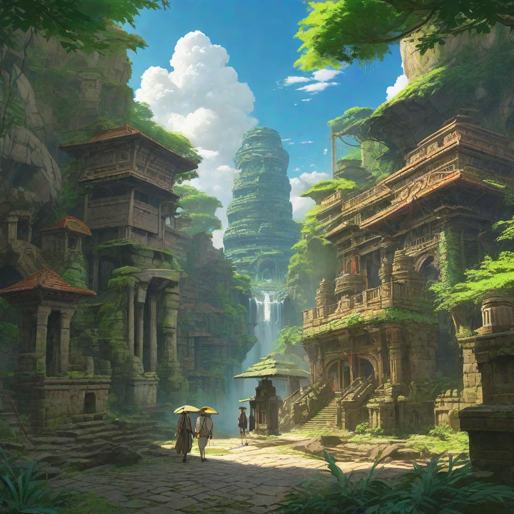  Lost City, anime concept art by Hayao Miyazaki, featured on pixiv, fantasy art, concept art, official art, high detailed hyperrealistic, full body, detailed clothing, highly detailed, cinematic lighting, stunningly beautiful, intricate, sharp focus, f/1. 8, 85mm, (centered image composition), (professionally color graded), ((bright soft diffused light)), volumetric fog, trending on instagram, trending on tumblr, HDR 4K, 8K