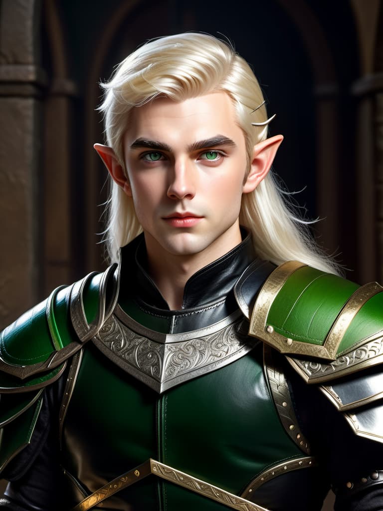  hyperrealistic art Character concept, half-elf, guy with silver blonde hair, green eyes, Oval face, Thick eyelashes and wide eyebrows, wide eye slit,
Puffy lips, Mesomorphic body type, slightly overweight, although the body looks trained, the character is dressed in black leather armor with a lot of belts, a pronounced belt with a bag for supplies, as well as a weapon scabbard on the Belt and a dagger behind his back, a black sling with a hood is worn on top . extremely high-resolution details, photographic, realism pushed to extreme, fine texture, incredibly lifelike