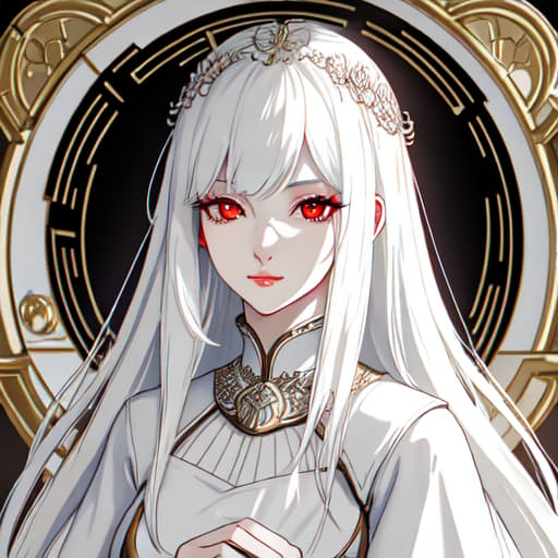  a girl manhua character with white hair and red eyes with white skin wearing noble dress and siting on the throne hyperrealistic, full body, detailed clothing, highly detailed, cinematic lighting, stunningly beautiful, intricate, sharp focus, f/1. 8, 85mm, (centered image composition), (professionally color graded), ((bright soft diffused light)), volumetric fog, trending on instagram, trending on tumblr, HDR 4K, 8K