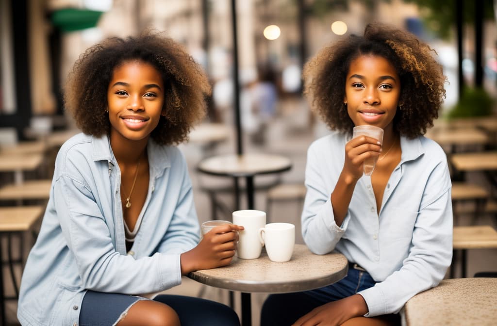  Black girl sits in a street cafe and drinks coffee ar 3:2, (natural skin texture, hyperrealism, soft light, muted colors), background