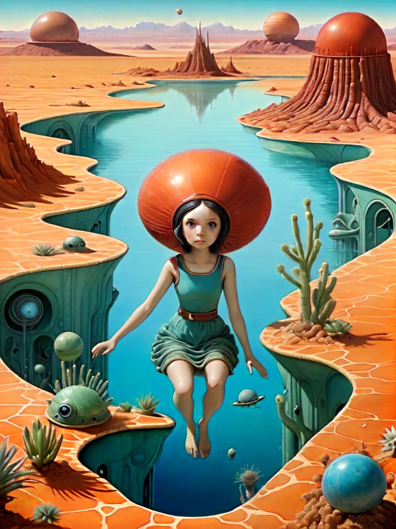  Close-up of a woman a nicoletta ceccoli inspired image of a beautiful woman swimming in a pool in the dessert on an alien planet , alien-plants, zeppelin , Highly defined, highly detailed, sharp focus, (centered image composition), 4K, 8K