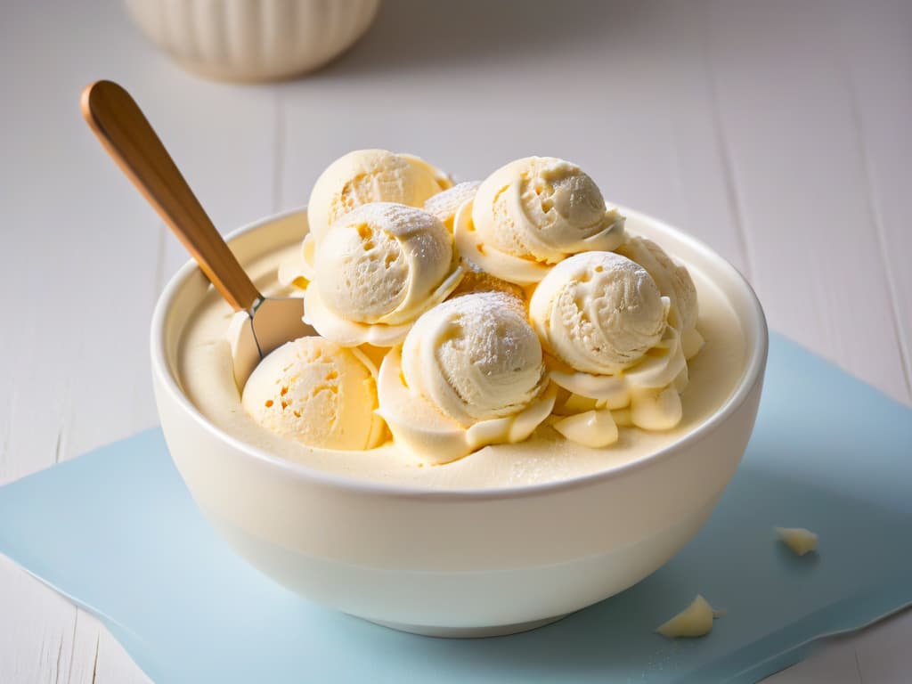  A closeup, ultradetailed image of a creamy scoop of homemade vanilla ice cream with subtle natural lighting highlighting the smooth texture and tiny specks of vanilla bean throughout, resting elegantly on a simple, modern white ceramic bowl. hyperrealistic, full body, detailed clothing, highly detailed, cinematic lighting, stunningly beautiful, intricate, sharp focus, f/1. 8, 85mm, (centered image composition), (professionally color graded), ((bright soft diffused light)), volumetric fog, trending on instagram, trending on tumblr, HDR 4K, 8K