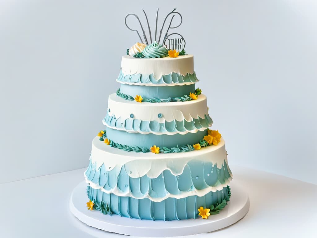  An ultradetailed illustration of a beautifully decorated tiered cake, featuring intricate fondant decorations in the shape of baking utensils, cupcakes, and swirls of frosting. The cake is displayed on a sleek, modern cake stand against a clean, white background, emphasizing the artistry and precision of themed pastry merchandising. hyperrealistic, full body, detailed clothing, highly detailed, cinematic lighting, stunningly beautiful, intricate, sharp focus, f/1. 8, 85mm, (centered image composition), (professionally color graded), ((bright soft diffused light)), volumetric fog, trending on instagram, trending on tumblr, HDR 4K, 8K