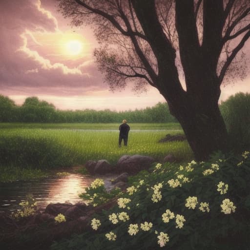  soft light. man. solo. sunset. spring. flowers. the green grove. a stormy river. leaves. black