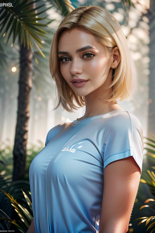  1girl,1girl,blonde short hair,straight hair,upper body shot,shirt,smile hyperrealistic, full body, detailed clothing, highly detailed, cinematic lighting, stunningly beautiful, intricate, sharp focus, f/1. 8, 85mm, (centered image composition), (professionally color graded), ((bright soft diffused light)), volumetric fog, trending on instagram, trending on tumblr, HDR 4K, 8K