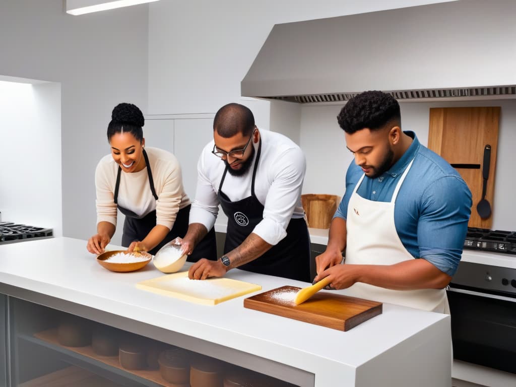  A minimalistic and highly detailed image of a diverse group of people joyfully baking together in a modern kitchen, each one carefully following specific techniques to avoid crosscontamination. One individual is meticulously measuring ingredients in separate containers, another is using colorcoded utensils, and a third person is wiping down the work surfaces with a dedicated cleaning cloth. The image conveys a sense of inclusivity and safe baking practices for individuals with food allergies and dietary restrictions. hyperrealistic, full body, detailed clothing, highly detailed, cinematic lighting, stunningly beautiful, intricate, sharp focus, f/1. 8, 85mm, (centered image composition), (professionally color graded), ((bright soft diffused light)), volumetric fog, trending on instagram, trending on tumblr, HDR 4K, 8K