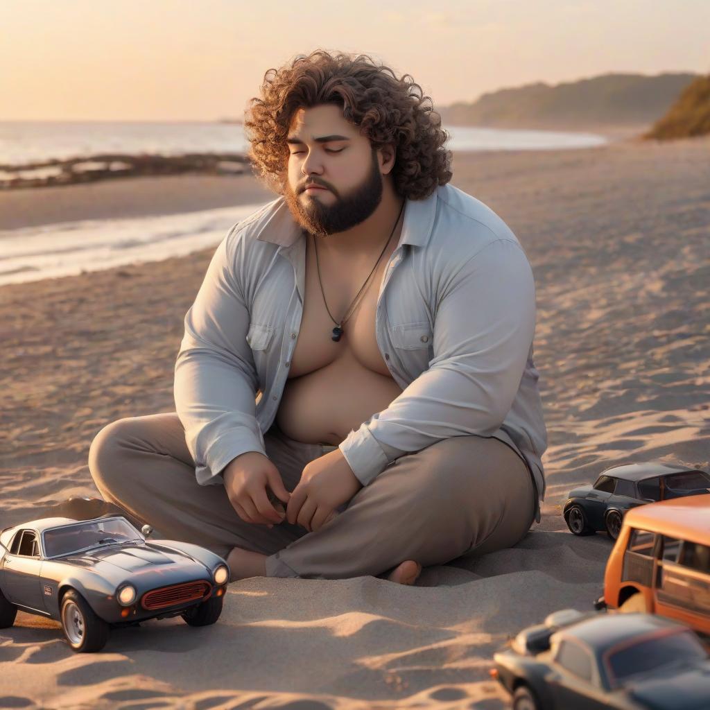  young rissian man, curly hair, closed eyes, chubby body, wavy beard, sitting on the beach, toy cars around her, sunset, anime style hyperrealistic, full body, detailed clothing, highly detailed, cinematic lighting, stunningly beautiful, intricate, sharp focus, f/1. 8, 85mm, (centered image composition), (professionally color graded), ((bright soft diffused light)), volumetric fog, trending on instagram, trending on tumblr, HDR 4K, 8K