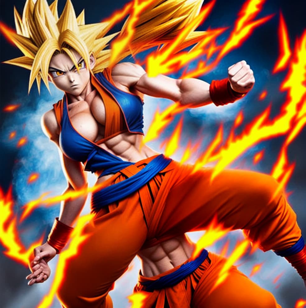  Female super sayan, red goku kostüm. Cute body. Sayan hair, fire eyes, fire hands, high resolution