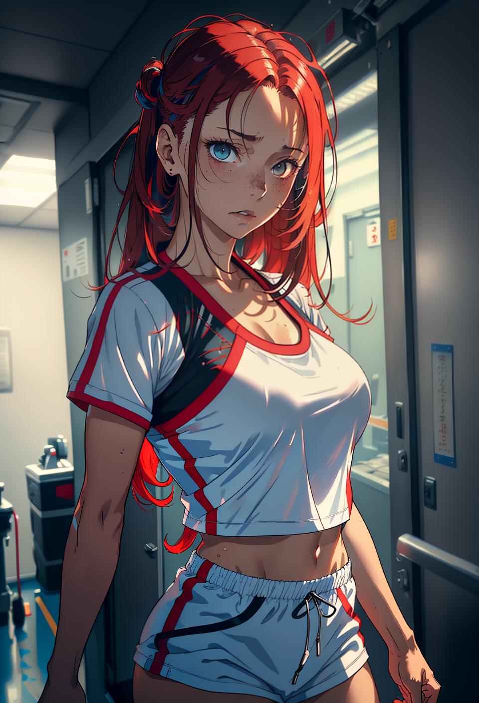  ((trending, highres, masterpiece, cinematic shot)), 1girl, mature, female sportswear, large, hospital scene, long straight red hair, shaved head,  heterochromia eyes, needy personality, relaxed expression, tanned skin, morbid, energetic
