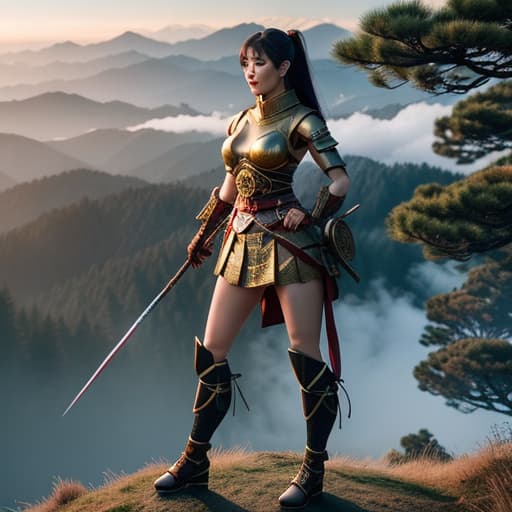  Japanese girl standing on mountain in warrior pose hyperrealistic, full body, detailed clothing, highly detailed, cinematic lighting, stunningly beautiful, intricate, sharp focus, f/1. 8, 85mm, (centered image composition), (professionally color graded), ((bright soft diffused light)), volumetric fog, trending on instagram, trending on tumblr, HDR 4K, 8K