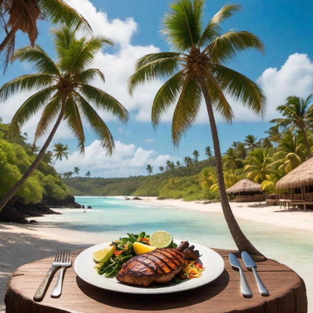  Create an image with a Jamaican island theme, featuring a picturesque beach setting with clear blue skies, palm trees, and the ocean. In the foreground, there should be a plate of jerk chicken with the aroma wafting from it. In the background, include a silhouette of a reggae band. Incorporate the name 'Real Jerk Master' into the image, possibly on a banner or a sign, ensuring it blends with the tropical and musical vibe. hyperrealistic, full body, detailed clothing, highly detailed, cinematic lighting, stunningly beautiful, intricate, sharp focus, f/1. 8, 85mm, (centered image composition), (professionally color graded), ((bright soft diffused light)), volumetric fog, trending on instagram, trending on tumblr, HDR 4K, 8K