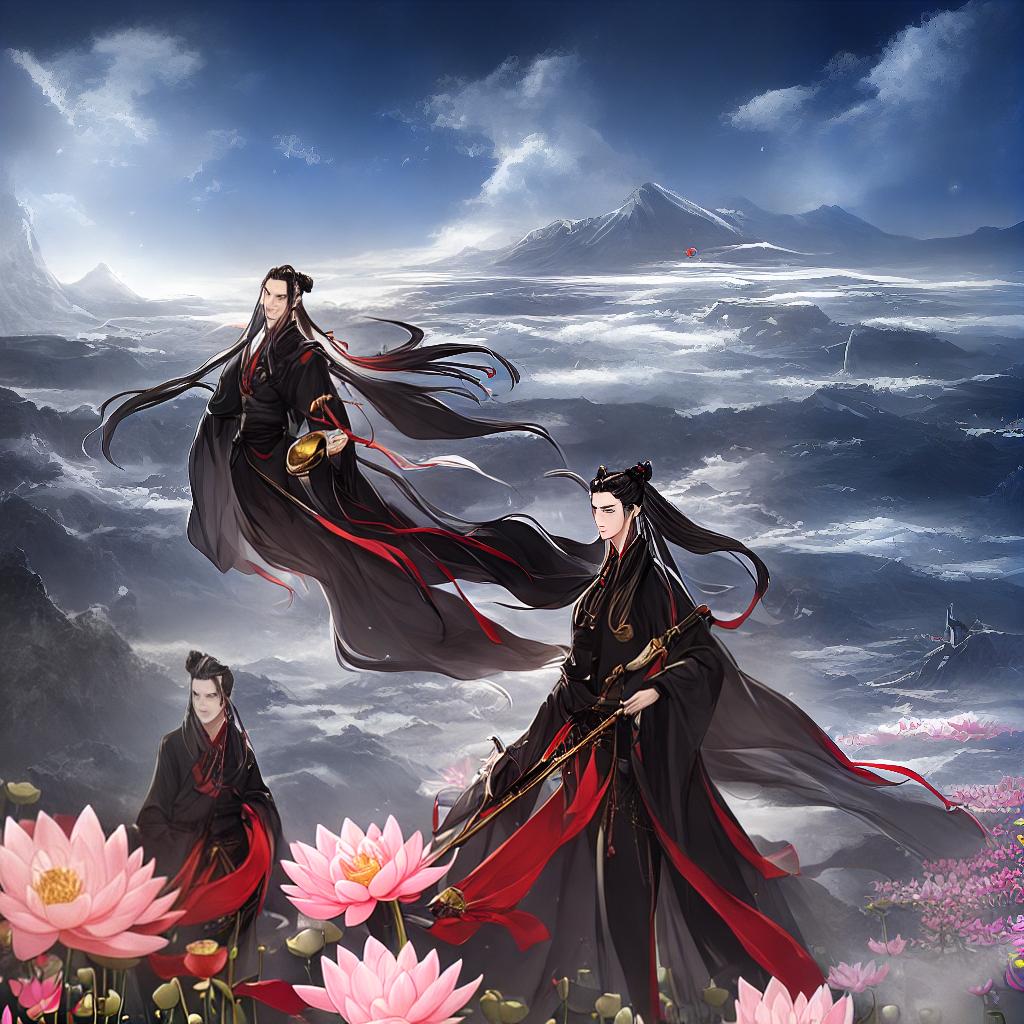  ((masterpiece)),(((best quality))), 8k, high detailed, ultra-detailed.魏无羡, A boy with long hair and red ribbon, standing on a mountain peak, wearing a flowing black robe and playing a haunting tune on a flute, surrounded by a sea of clouds, (lotus flowers) blooming in the foreground, casting a soft glow in the moonlight, (Lan Wangji) watching from a distance with a melancholic expression. hyperrealistic, full body, detailed clothing, highly detailed, cinematic lighting, stunningly beautiful, intricate, sharp focus, f/1. 8, 85mm, (centered image composition), (professionally color graded), ((bright soft diffused light)), volumetric fog, trending on instagram, trending on tumblr, HDR 4K, 8K