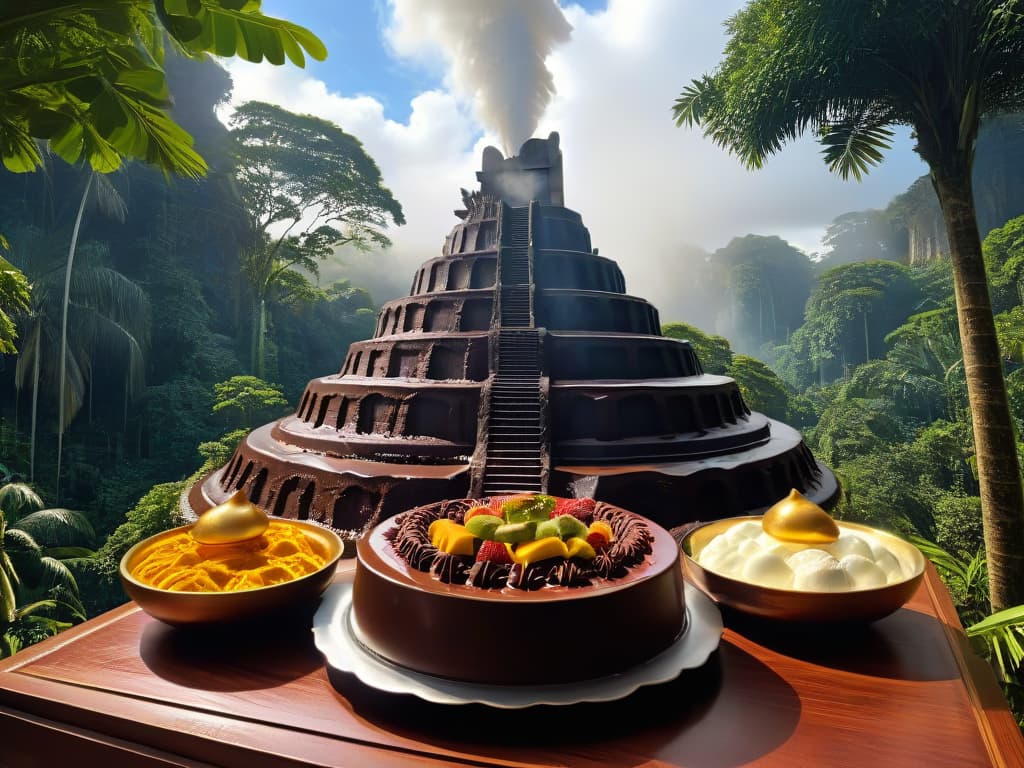  A photorealistic image of ancient Mayan temples surrounded by lush jungle, with a group of Mayan people joyfully preparing a traditional chocolate dessert in a large, ornate bowl. The scene captures the rich cultural history of chocolate as a revered delicacy enjoyed by ancient civilizations, blending the sacred and indulgent aspects of its consumption. The vibrant colors of the jungle, intricate temple architecture, and the steam rising from the chocolate dish create a visually stunning and historically significant image. hyperrealistic, full body, detailed clothing, highly detailed, cinematic lighting, stunningly beautiful, intricate, sharp focus, f/1. 8, 85mm, (centered image composition), (professionally color graded), ((bright soft diffused light)), volumetric fog, trending on instagram, trending on tumblr, HDR 4K, 8K