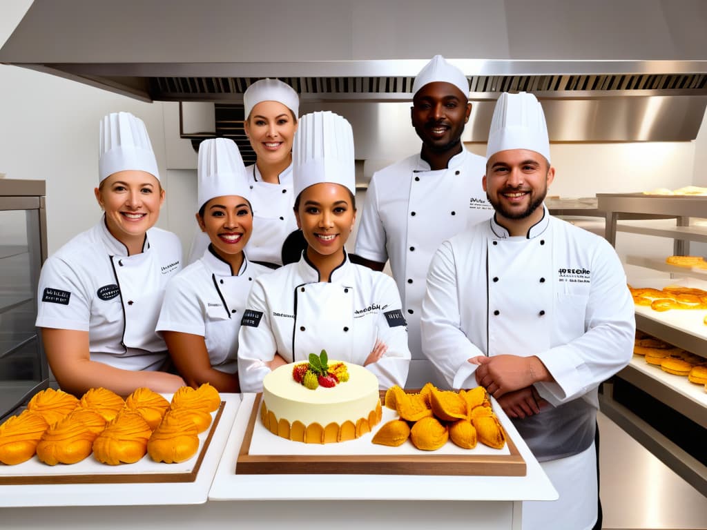  A highly detailed, ultrarealistic image of a diverse group of professional pastry chefs from different cultural backgrounds, working together in a modern, ecofriendly bakery kitchen. The chefs are passionately creating intricately designed sustainable desserts using organic ingredients, innovative techniques, and energyefficient appliances. The minimalist style emphasizes the precision and dedication of the chefs, showcasing their harmonious collaboration in shaping a sweeter, more sustainable future for the planet. hyperrealistic, full body, detailed clothing, highly detailed, cinematic lighting, stunningly beautiful, intricate, sharp focus, f/1. 8, 85mm, (centered image composition), (professionally color graded), ((bright soft diffused light)), volumetric fog, trending on instagram, trending on tumblr, HDR 4K, 8K