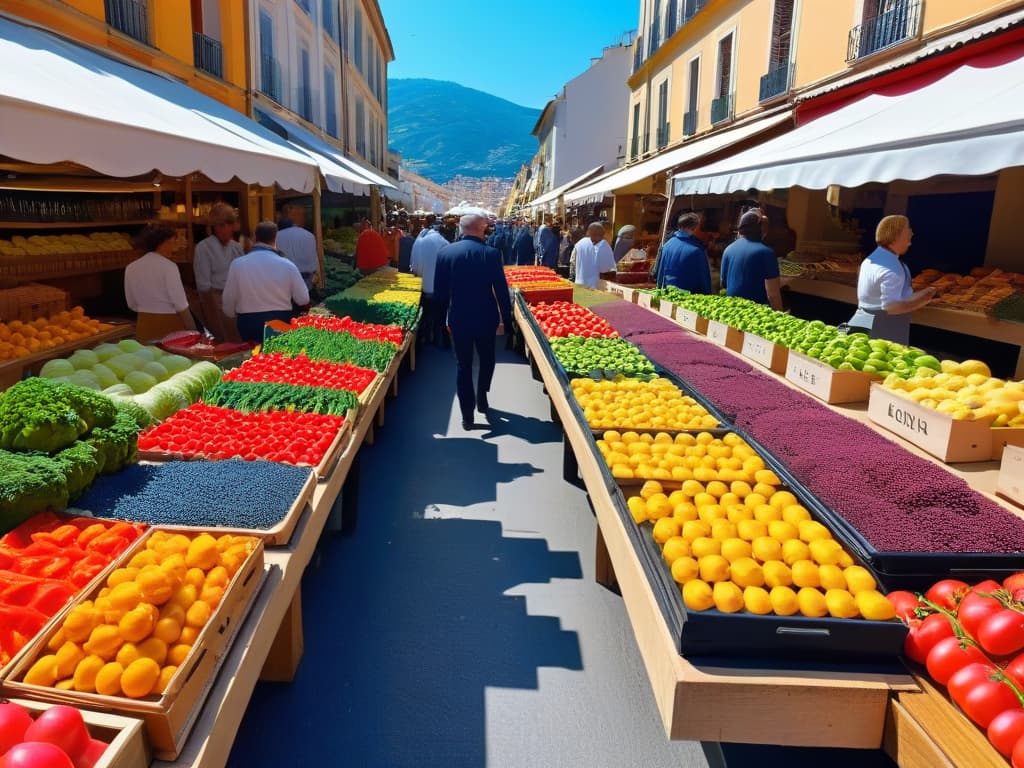  A highresolution image of a bustling organic market in Spain, showcasing colorful stalls filled with fresh fruits, vegetables, and homemade vegan treats. The scene captures the vibrant atmosphere of the market, with diverse customers browsing the organic offerings under a clear blue sky. The image conveys a sense of community, sustainability, and the abundance of organic ingredients available for vegan baking. hyperrealistic, full body, detailed clothing, highly detailed, cinematic lighting, stunningly beautiful, intricate, sharp focus, f/1. 8, 85mm, (centered image composition), (professionally color graded), ((bright soft diffused light)), volumetric fog, trending on instagram, trending on tumblr, HDR 4K, 8K