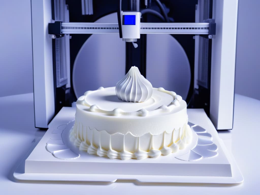  A sleek, modern 3D printer specifically designed for creating intricate pastry designs, featuring a minimalist white and silver color scheme with a glossy finish. The printer is shown delicately extruding a fine layer of edible material to craft a detailed sugar sculpture, illuminated by soft, ambient lighting to highlight its precision and elegance. hyperrealistic, full body, detailed clothing, highly detailed, cinematic lighting, stunningly beautiful, intricate, sharp focus, f/1. 8, 85mm, (centered image composition), (professionally color graded), ((bright soft diffused light)), volumetric fog, trending on instagram, trending on tumblr, HDR 4K, 8K