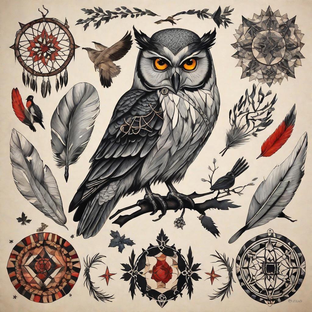  masterpiece, best quality,A bold tattoo featuring a Dreamcatcher with owl and snow goose and salmon and deer and woodpecker and snake and raven,