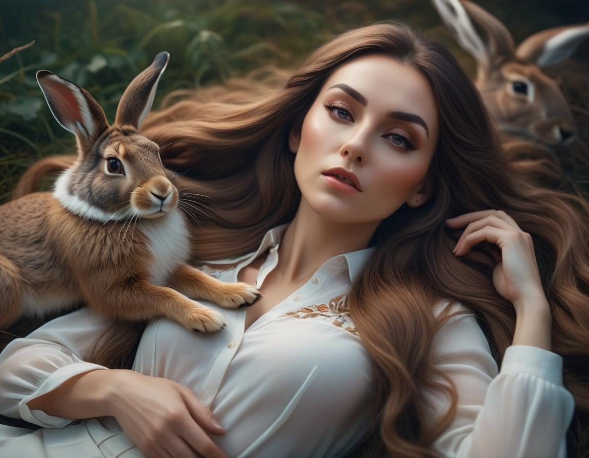  A long haired girl lies on her back and holds a hare. hyperrealistic, full body, detailed clothing, highly detailed, cinematic lighting, stunningly beautiful, intricate, sharp focus, f/1. 8, 85mm, (centered image composition), (professionally color graded), ((bright soft diffused light)), volumetric fog, trending on instagram, trending on tumblr, HDR 4K, 8K