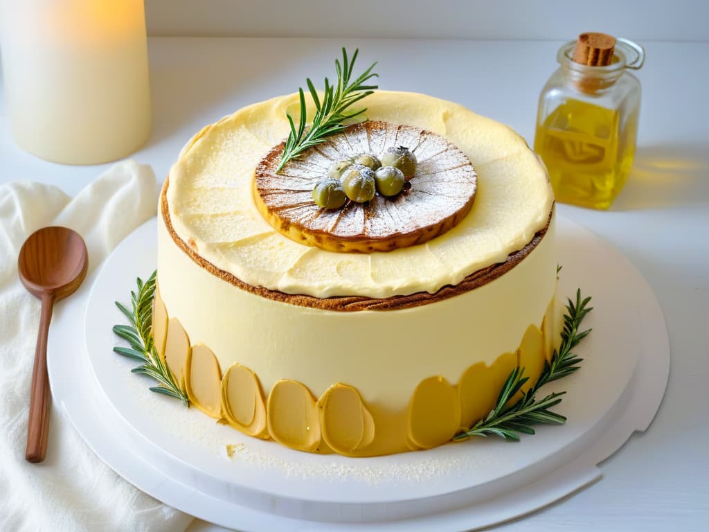  A closeup, ultradetailed image of a golden, freshly baked olive oil cake, sprinkled with a light dusting of powdered sugar. The intricate texture of the cake is visible, showcasing a moist crumb speckled with hints of green from the highquality olive oil used in the recipe. The cake sits on a simple, elegant white plate, with a few scattered fresh rosemary leaves as garnish, adding a touch of organic freshness to the composition. The lighting highlights the glistening surface of the cake, emphasizing its homemade, artisanal appeal. hyperrealistic, full body, detailed clothing, highly detailed, cinematic lighting, stunningly beautiful, intricate, sharp focus, f/1. 8, 85mm, (centered image composition), (professionally color graded), ((bright soft diffused light)), volumetric fog, trending on instagram, trending on tumblr, HDR 4K, 8K