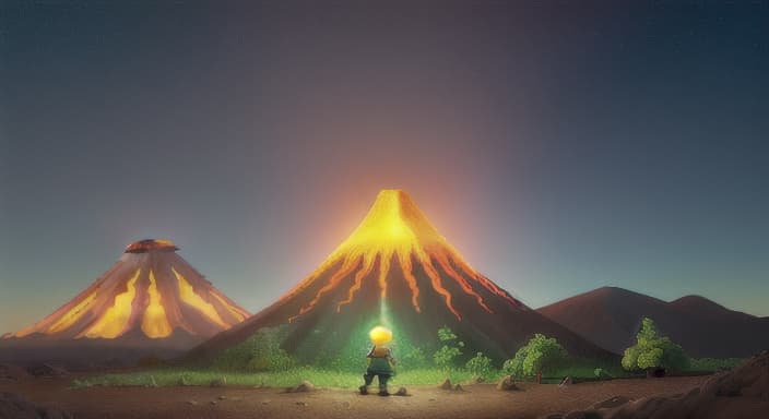  {The volcano emitting a soft glow that lights up the surrounding area., The young explorer's hands are on their hips, ready for an adventure.