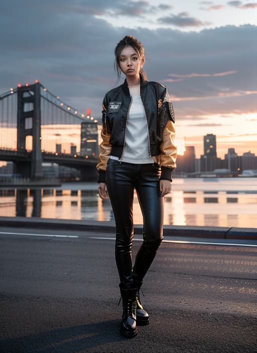  Female subject in a black bomber jacket, standing against a cityscape backdrop at dusk with a soft orange glow. She has her arms crossed and a determined expression, wearing black skinny jeans and black ankle boots. The jacket has silver zippers and patches on the sleeves. The image has a cinematic composition and advanced detail processing. style RAW,ADVERTISING PHOTO,high quality,masterpiece