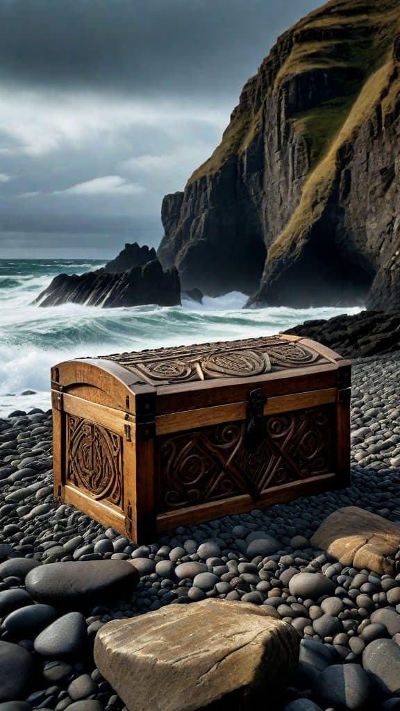  (A weathered wooden chest embossed with intricate ancient runes, washed up on the rocky shore of a remote, windswept island, with the stormy sea crashing against the cliffs in the background.) hyperrealistic, full body, detailed clothing, highly detailed, cinematic lighting, stunningly beautiful, intricate, sharp focus, f/1. 8, 85mm, (centered image composition), (professionally color graded), ((bright soft diffused light)), volumetric fog, trending on instagram, trending on tumblr, HDR 4K, 8K