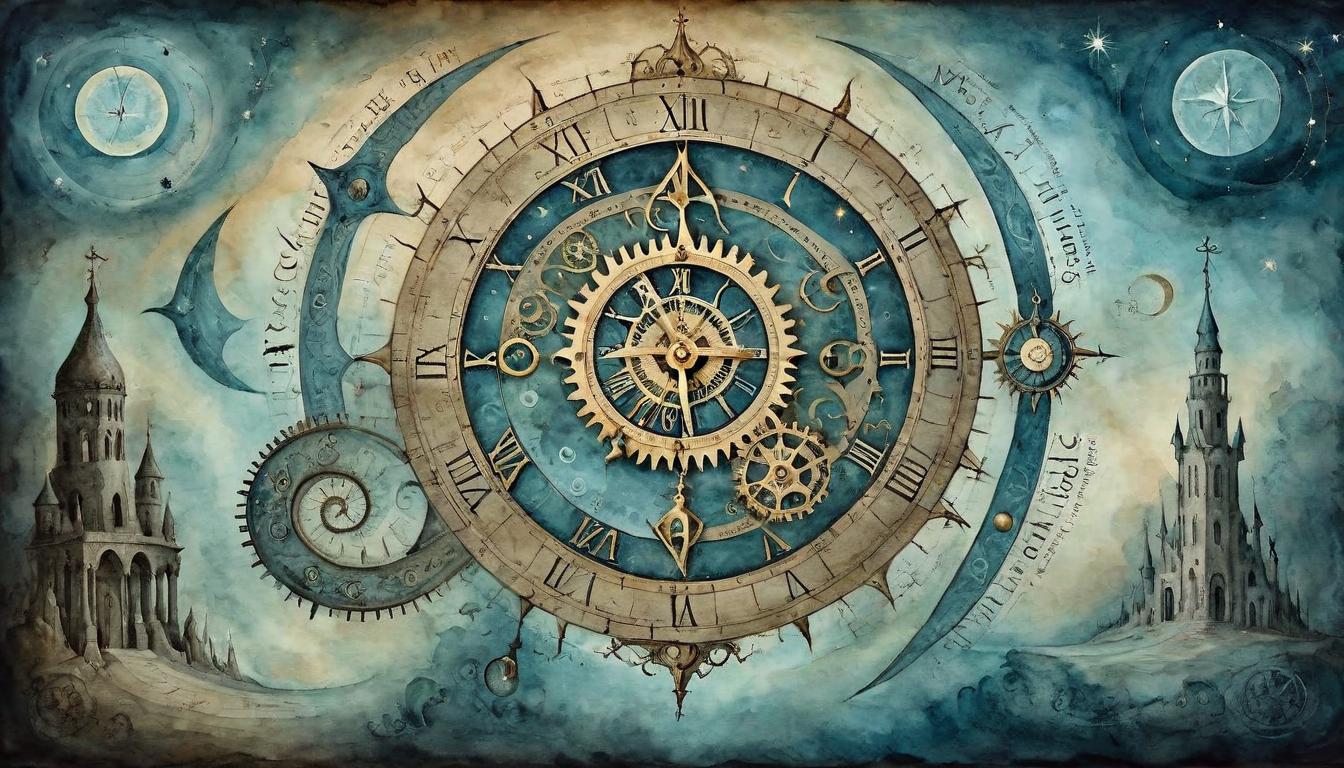  on parchment, surrealism+++, Architect of time, celestial clockwork, sorcerer shaping continuum, ethereal(mysterious, provocative, symbolic,muted color)+++