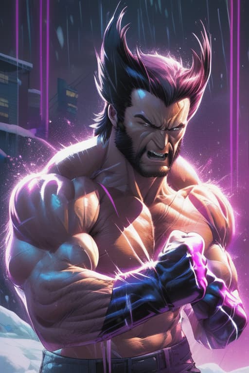  vapor wave art style,  wolverine fighting with clenched fist, animalistic, feral, hairy, shirtless, sweating, full body, anatomically correct, super muscular, vascular, high definition, hyper realistic, 4k, night time, snowing, detailed, illustration,  masterpiece, artwork, high detail, fine details