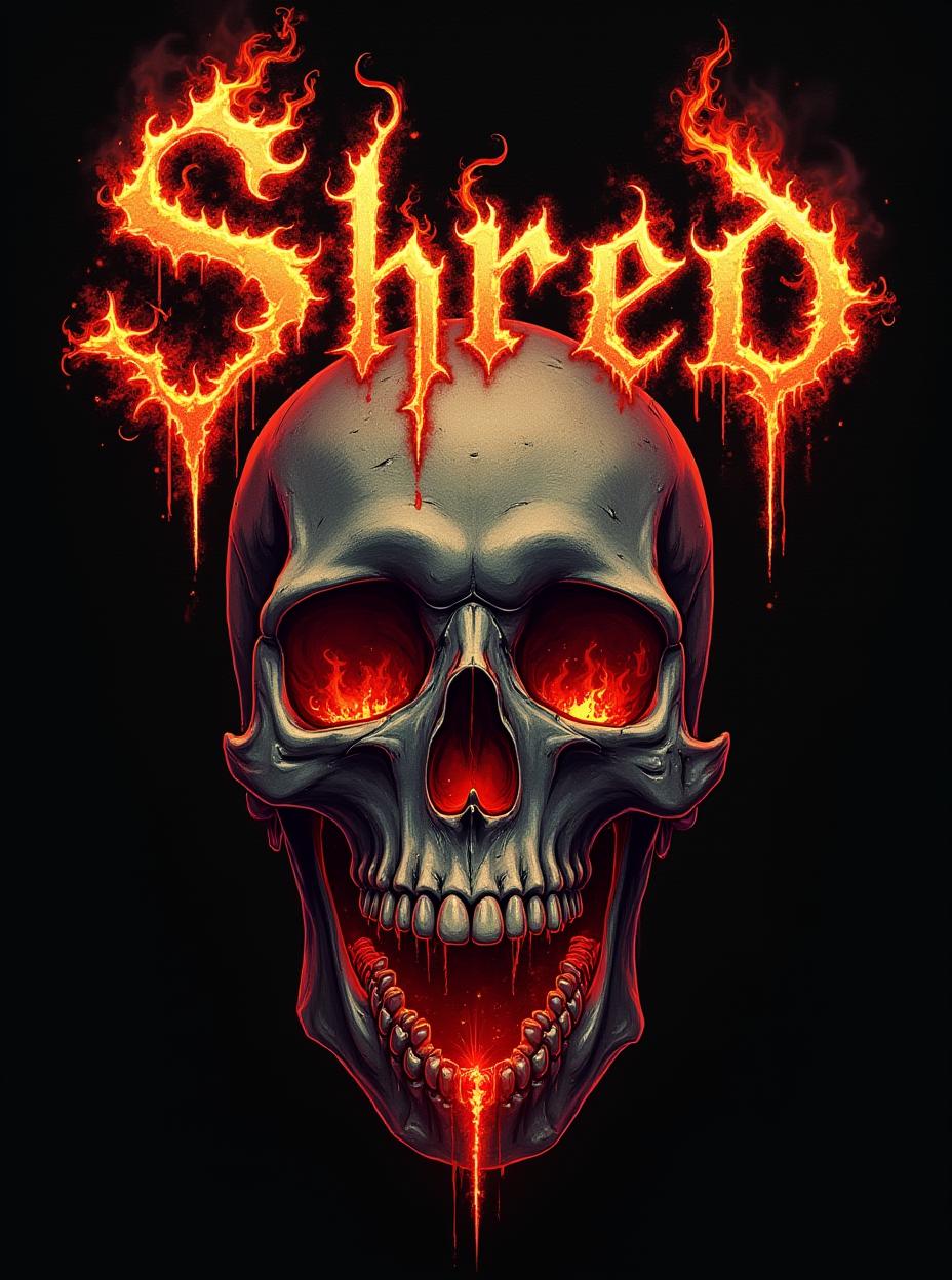  good quality, high quality, death metal shirt design. there are designs related to metal music. fire and abstract shapes the letters "shred on top of the design