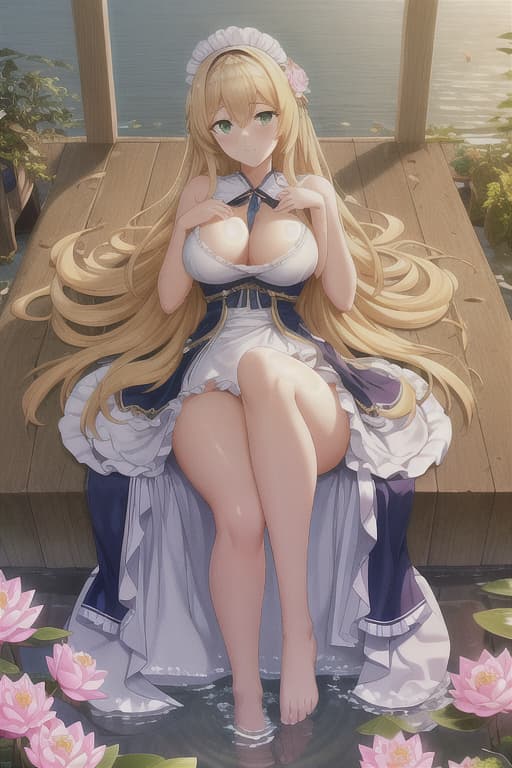  (score 9,score 8 up,score 7 up,),1girl,solo,maid,maid headdress,looking at viewer,outdoor,lake,apron,blonde hair,indoors,green eyes,bare foot,two feet in the water lotus flower sex stunny hyperrealistic, full body, detailed clothing, highly detailed, cinematic lighting, stunningly beautiful, intricate, sharp focus, f/1. 8, 85mm, (centered image composition), (professionally color graded), ((bright soft diffused light)), volumetric fog, trending on instagram, trending on tumblr, HDR 4K, 8K