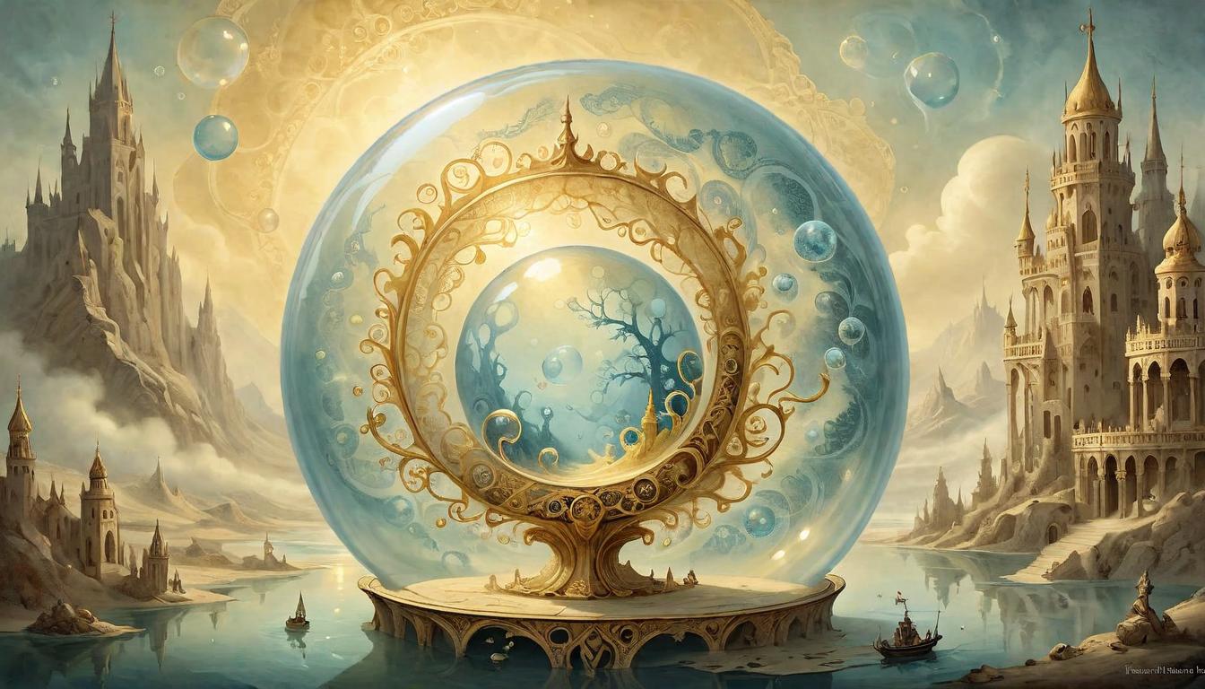  on parchment, surrealism+++, A glowing protective bubble, intricate patterns on its surface, filled with soft, golden light, safeguarding, serene(mysterious, provocative, symbolic,muted color)+++