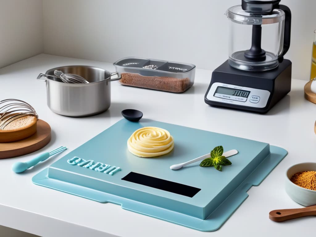  An 8k ultradetailed image of a sleek, modern kitchen countertop with neatly arranged essential baking tools for diabetics: a set of measuring spoons, a digital food scale, a nonstick silicone baking mat, a wire whisk, a silicone spatula, and a stack of measuring cups. The tools are all in shades of calming pastel colors, enhancing the minimalistic aesthetic. The image conveys a sense of organization and preparedness, perfect for the healthconscious diabetic baker. hyperrealistic, full body, detailed clothing, highly detailed, cinematic lighting, stunningly beautiful, intricate, sharp focus, f/1. 8, 85mm, (centered image composition), (professionally color graded), ((bright soft diffused light)), volumetric fog, trending on instagram, trending on tumblr, HDR 4K, 8K