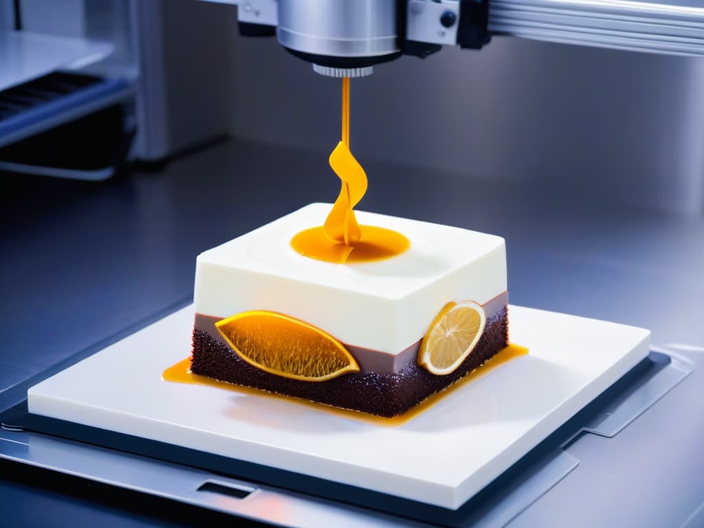  A closeup, ultradetailed image of a sleek, futuristic 3D printer meticulously crafting a customized dessert mold with intricate geometric patterns. The machine's precision is highlighted by the glistening reflection of the dessert mold taking shape, showcasing the seamless integration of technology and artisanal craftsmanship in the realm of personalized dessert making. The monochromatic color scheme accentuates the elegance and sophistication of the innovative process, embodying the essence of cuttingedge technology in the world of pastry arts. hyperrealistic, full body, detailed clothing, highly detailed, cinematic lighting, stunningly beautiful, intricate, sharp focus, f/1. 8, 85mm, (centered image composition), (professionally color graded), ((bright soft diffused light)), volumetric fog, trending on instagram, trending on tumblr, HDR 4K, 8K