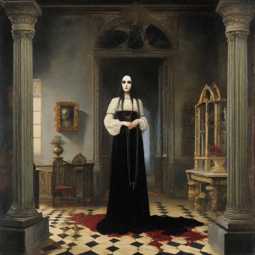  masterpiece, best quality, gothic painting of a nacked female horror.