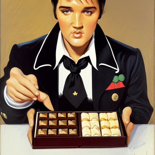  Elvis Presley holding an open box of fine chocolates. Painted in the style of Édouard Manet