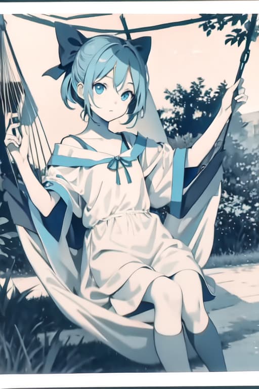  Cirno on a hammock, old manga style, monochrome