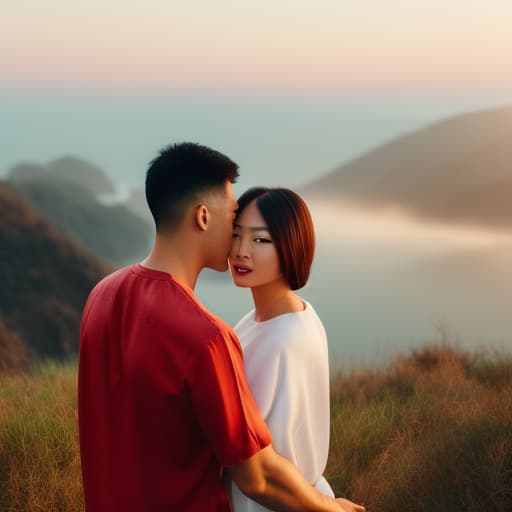 portrait+ style Asian with brown hair in a white and red shirt, European man with blond hair and blue jeans, couple in love holding hands, beach, sunset, palm trees, love, extreme details, profile angle hyperrealistic, full body, detailed clothing, highly detailed, cinematic lighting, stunningly beautiful, intricate, sharp focus, f/1. 8, 85mm, (centered image composition), (professionally color graded), ((bright soft diffused light)), volumetric fog, trending on instagram, trending on tumblr, HDR 4K, 8K