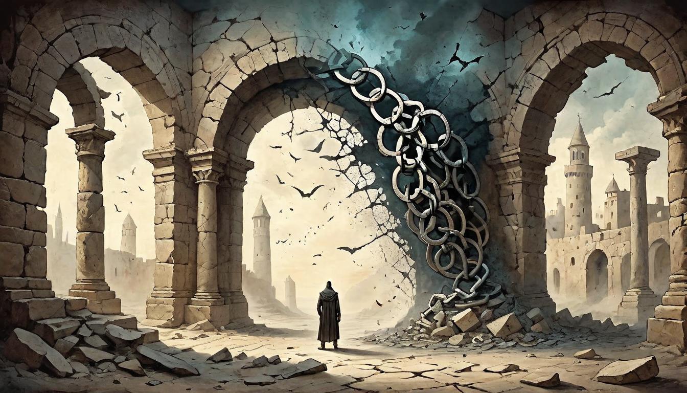  on parchment, surrealism+++, A shattered chain, fragments dispersing into ethereal light, amidst a backdrop of ancient, crumbling walls, symbolic of breaking free, transcendence, transformation(mysterious, provocative, symbolic,muted color)+++