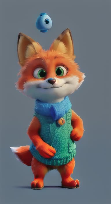  {Error the fox pressing the blue button with his paw, looking puzzled as nothing occurs., Error is a small, bright orange fox with a fluffy tail and big, inquisitive eyes. He has a mischievous yet kind expression and wears a tiny green scarf.