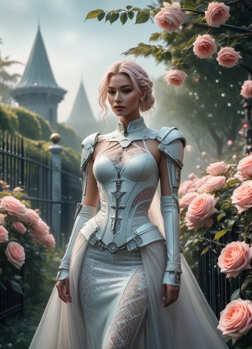  cyberpunk game style Delicate English watercolour in pastel tones, on the background of English garden flowers powder roses in dew, among roses stands a lovely in a straw hat decorated with flowers and in a lush dress with lace, openwork wrought iron fence, octane, dew glistens and shimmers in the sun lumen, in the distance marble statue, aesthetic flowers,art botanical, organic biological,realistic . neon, dystopian, futuristic, digital, vint, detailed, high contrast, reminiscent of cyberpunk genre video games hyperrealistic, full body, detailed clothing, highly detailed, cinematic lighting, stunningly beautiful, intricate, sharp focus, f/1. 8, 85mm, (centered image composition), (professionally color graded), ((bright soft diffused light)), volumetric fog, trending on instagram, trending on tumblr, HDR 4K, 8K