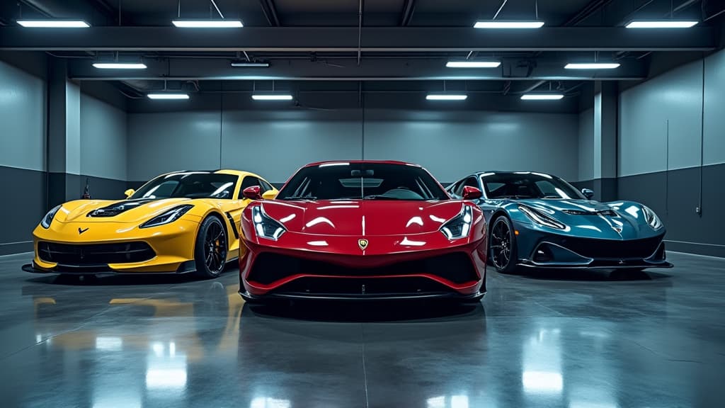  good quality, high quality, three sports cars lined up in a sleek garage with glowing lights and reflective floor.