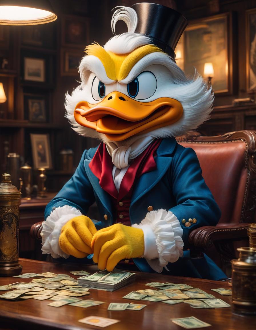  anime artwork A painting in oil with large brushstrokes, droplets of paint, a grumpy Scrooge McDuck sits at a table as if he were a person, in his hands a pile of money, and in his beak a cigarette, in the style of Pixar. . anime style, key visual, vibrant, studio anime, highly detailed hyperrealistic, full body, detailed clothing, highly detailed, cinematic lighting, stunningly beautiful, intricate, sharp focus, f/1. 8, 85mm, (centered image composition), (professionally color graded), ((bright soft diffused light)), volumetric fog, trending on instagram, trending on tumblr, HDR 4K, 8K