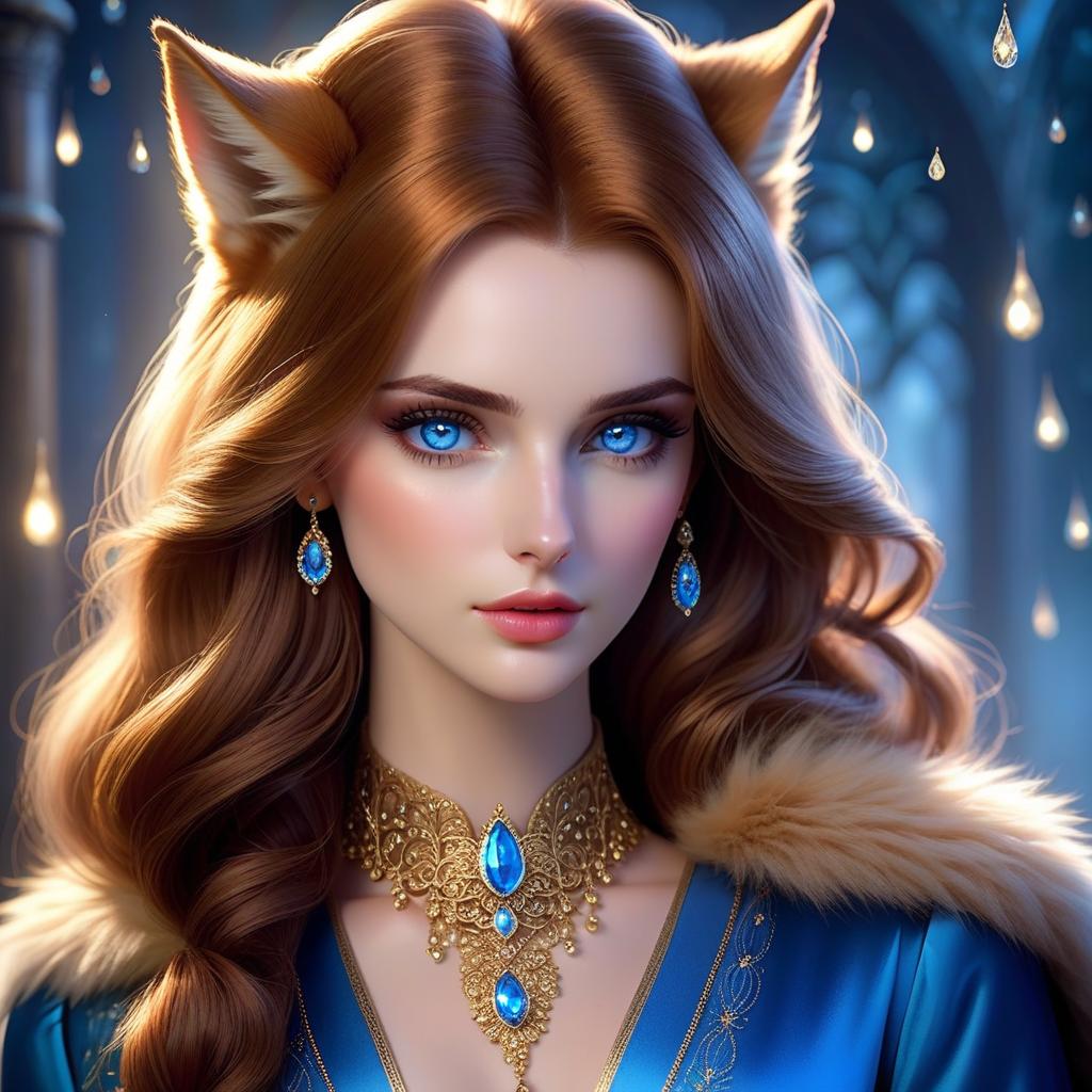  ethereal fantasy concept art of (A beautiful ) with knee length brown hair and very sad blue eyes. She had precise facial features, arched eyebrows, and pale, porcelain like skin. Her ears were not pointy, like all the others he knew, but small, neat, and rounded. She wore fine clothes, made according to the latest fashion: silk trousers the colour of early dawn, a gold brocade dressing gown with fur and tied with a sash. Her pale wrists were wrapped in tinkling celets, and her slender neck was adorned with a necklace made of frozen dewdrops. The beauty came closer, and the wolf cub ducked to the ground just in case. He saw the saffiano shoes with curved toes freeze right next to his muzzle. . magnificent, celestial,  hyperrealistic, full body, detailed clothing, highly detailed, cinematic lighting, stunningly beautiful, intricate, sharp focus, f/1. 8, 85mm, (centered image composition), (professionally color graded), ((bright soft diffused light)), volumetric fog, trending on instagram, trending on tumblr, HDR 4K, 8K